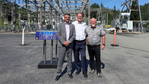 B.C. Hydro's Ajay Kumar, B.C. Energy Minister Adrian Dix and Campbell River Mayor Kermit Dahl at the Island Generation power station